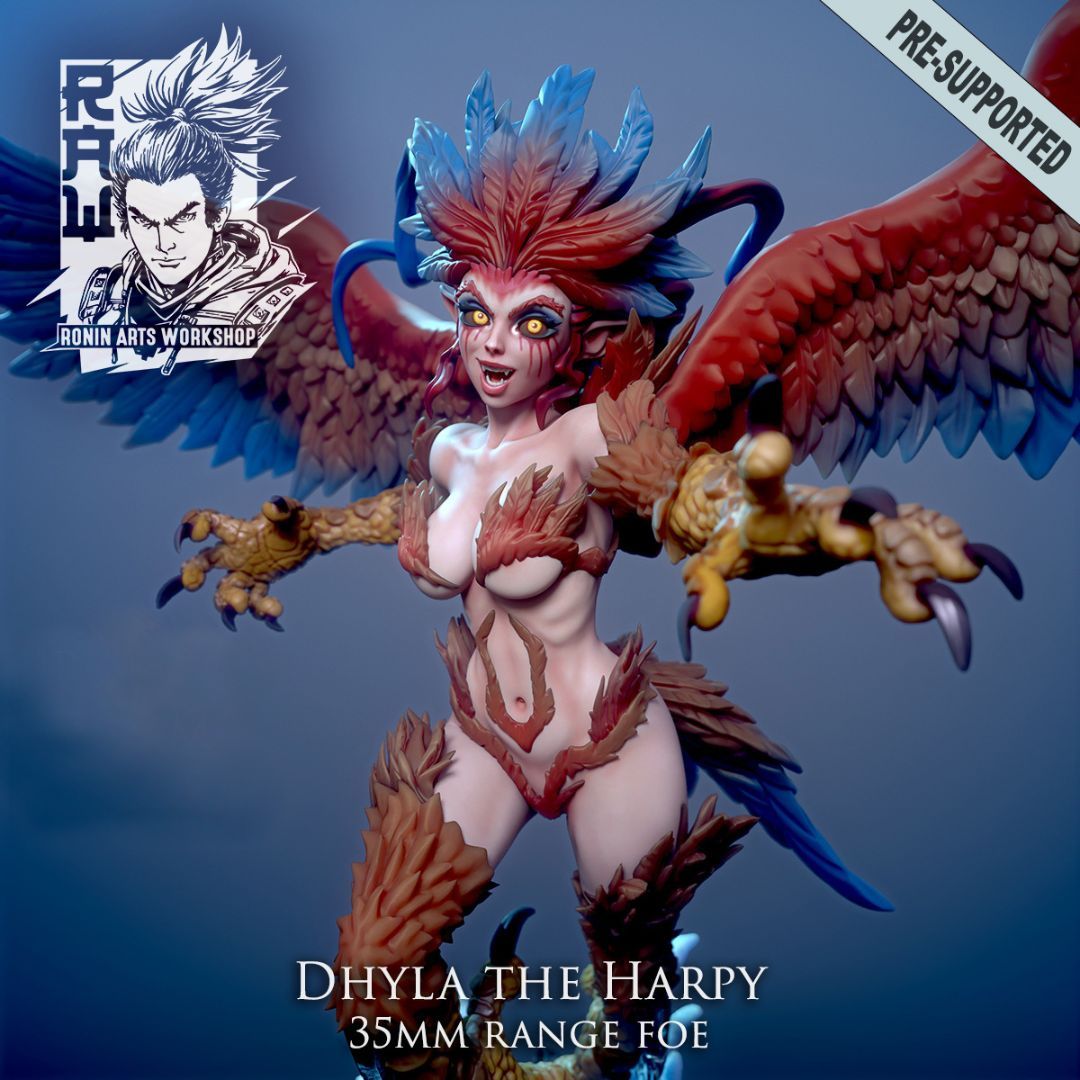 Dhyla the Harpy Miniature - 35mm Red and Blue Winged Foe Figurine by Ronin Arts Workshop, Pre-Supported for Lychee Library