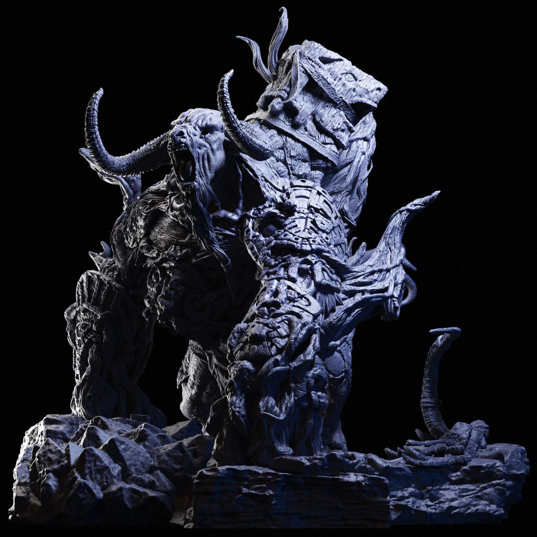 Ruswa the Sundered Sentinel 3D Miniature - Dark Fantasy Creature Model by Black Forge Games, Featuring Intricate Details of a Colossal, Horned Beast in Stone-like Texture